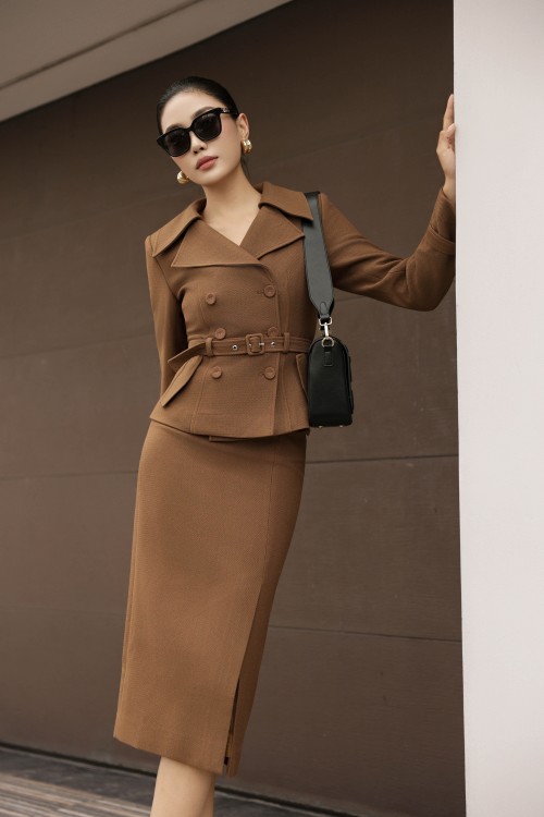 Sixdo Caramel Woven Pencil Skirt
